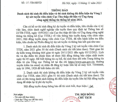 Thông báo thí sinh đủ điều kiện và thí sinh không đủ điều kiện Vòng 2 kỳ xét tuyển viên chức Cục Thu thập dữ liệu và Ứng dụng công nghệ thông tin năm 2021